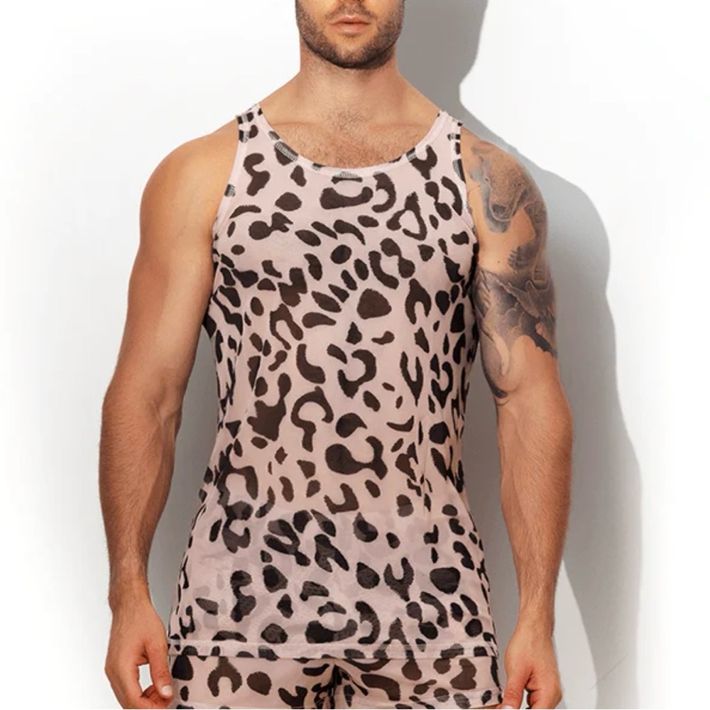 JJMalibu Men's Animal Print Tank Top - Brown and Black. Size small.